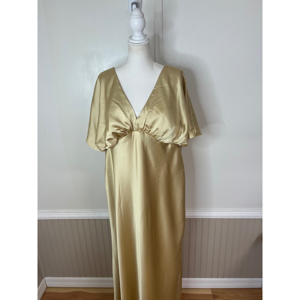 AW Bridal Gold Satin V-Neck Flutter Sleeve Maxi Dress Gown Womens Size 20
